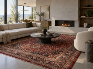 Traditional Persian rug used as a statement piece in a modern living room