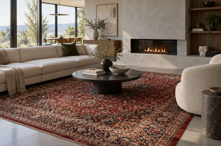 Traditional Persian rug used as a statement piece in a modern living room