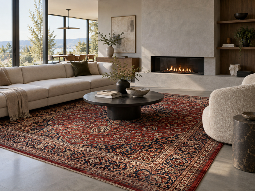 Traditional Persian rug used as a statement piece in a modern living room